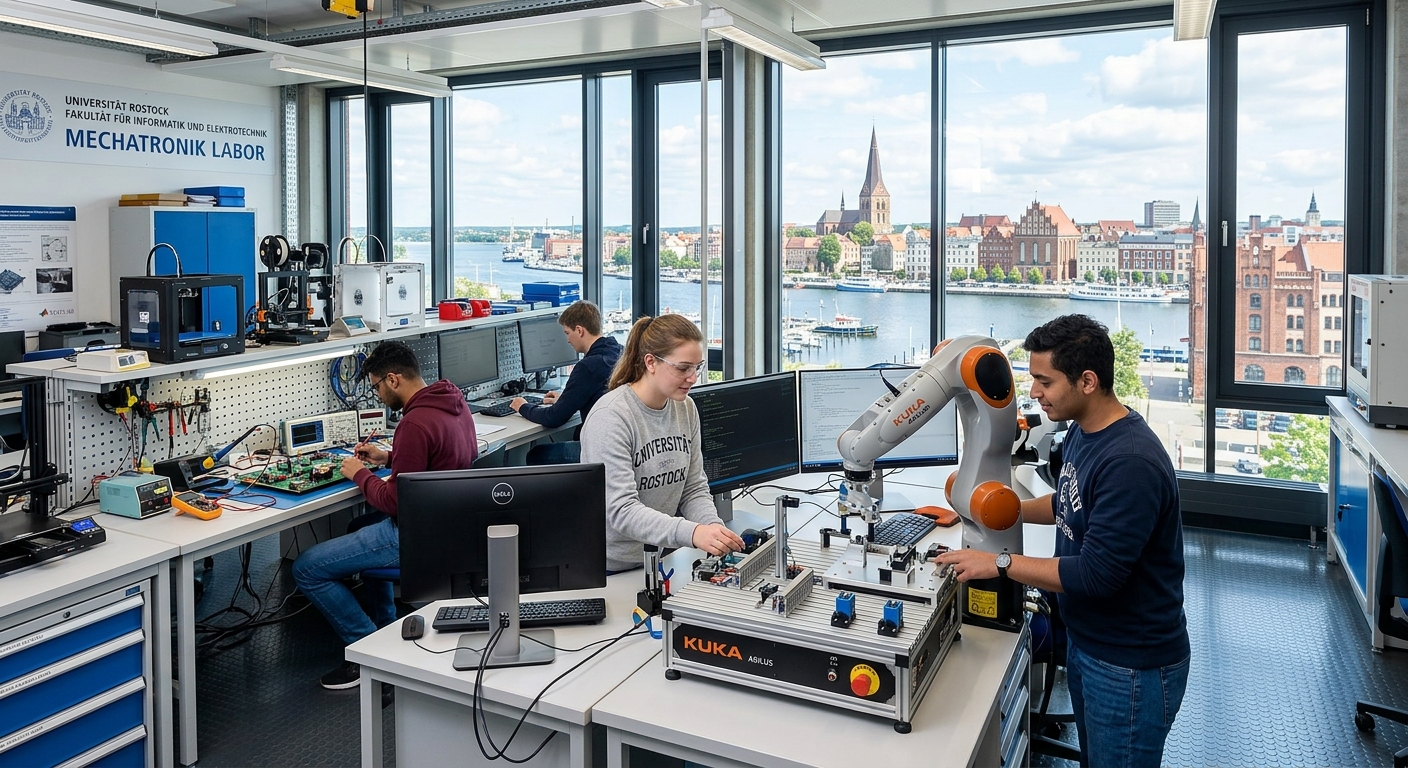 Modern engineering laboratory at University of Rostock with students working on mechatronic systems, robotic arms and electronic circuit boards on workbenches, large windows overlooking the historic Hanseatic city of Rostock, Germany