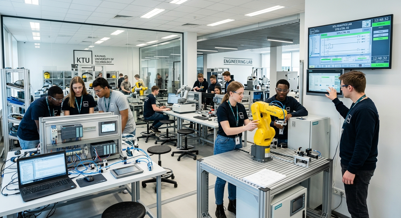 Modern engineering laboratory at Kaunas University of Technology with students working on industrial automation equipment, robotic arms, PLC controllers, and digital screens displaying control system interfaces, bright overhead lighting in a contemporary university setting