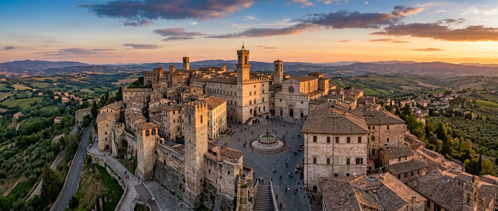 Panoramic view of Perugia hilltop city skyline at sunset, medieval stone buildings, Palazzo dei Priori, Fontana Maggiore in Piazza IV Novembre, rolling Umbrian hills and countryside in the distance