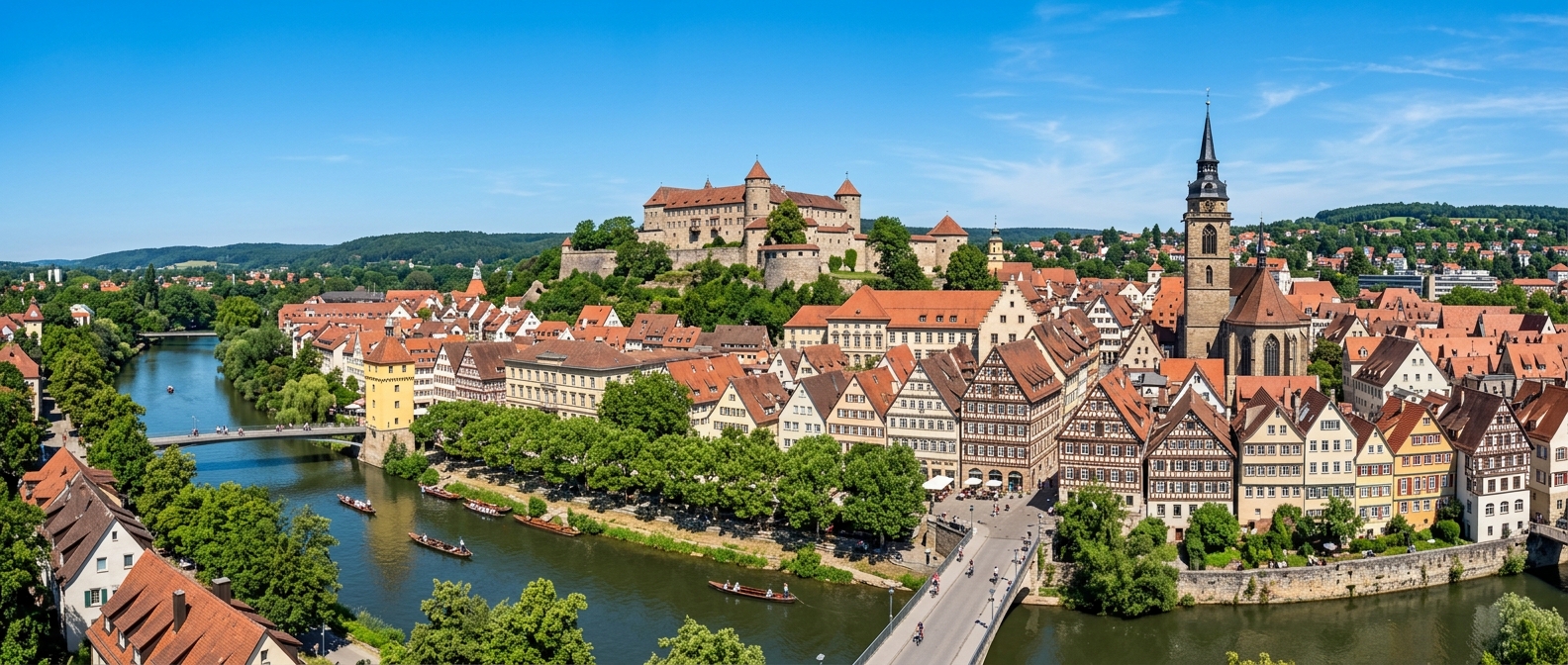 Panoramic view of the University of Tübingen old town campus with half-timbered buildings, Schloss Hohentübingen castle on the hilltop, the Neckar River flowing below, and the Stiftskirche church tower rising above red-tiled rooftops under a clear blue sky