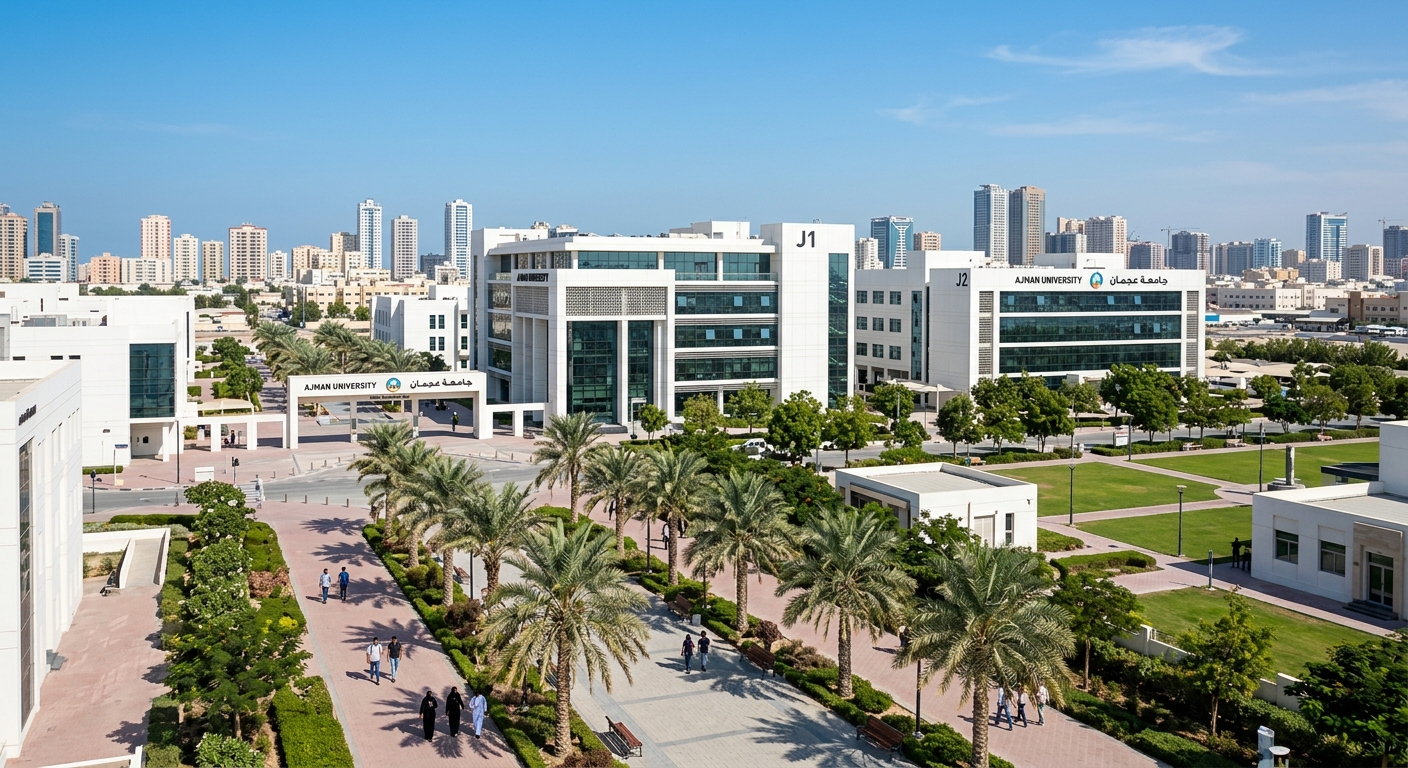 Ajman University main campus wide shot showing modern white and glass academic buildings, palm tree-lined walkways, and the J1 and J2 buildings under clear blue UAE sky with Ajman cityscape in the background