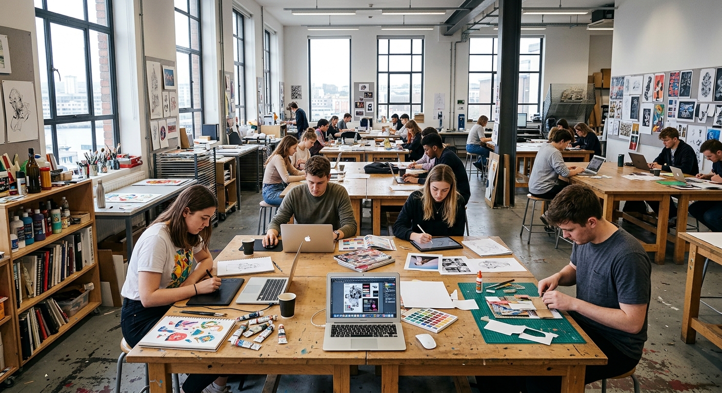 Modern art and design university studio space in Plymouth UK, students working on graphic design and illustration projects at large tables, natural light streaming through tall windows, creative materials and digital screens visible, contemporary creative campus environment