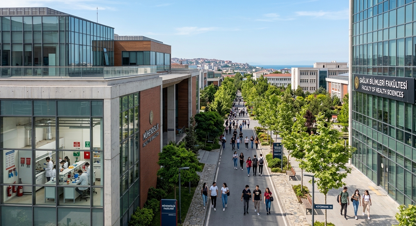 Modern university campus in Istanbul with engineering and health sciences buildings, students walking through tree-lined pathways, safety equipment displays visible through laboratory windows, clear sky over the Avcilar district