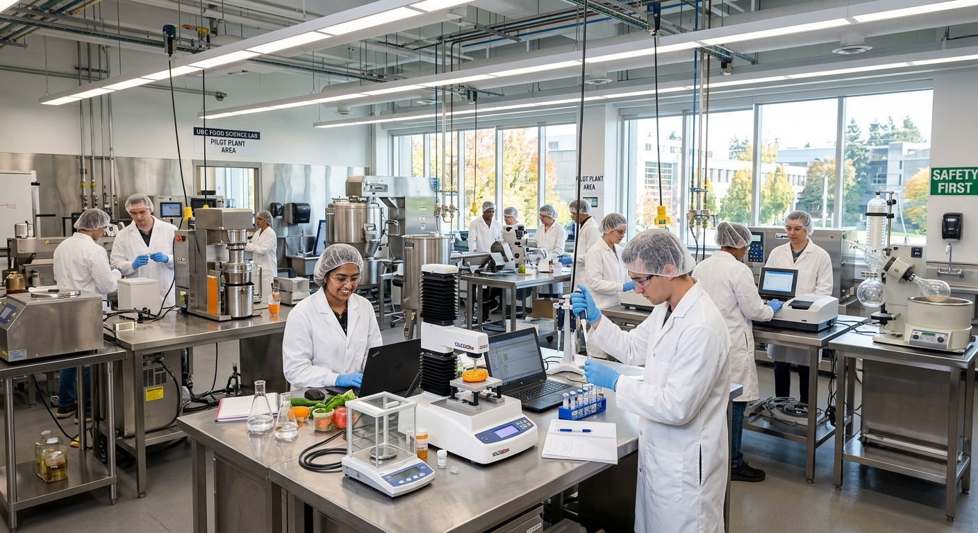 Modern food processing laboratory with stainless steel equipment, students in white lab coats analyzing food samples, bright overhead lighting, industrial food science setting at a Canadian university campus