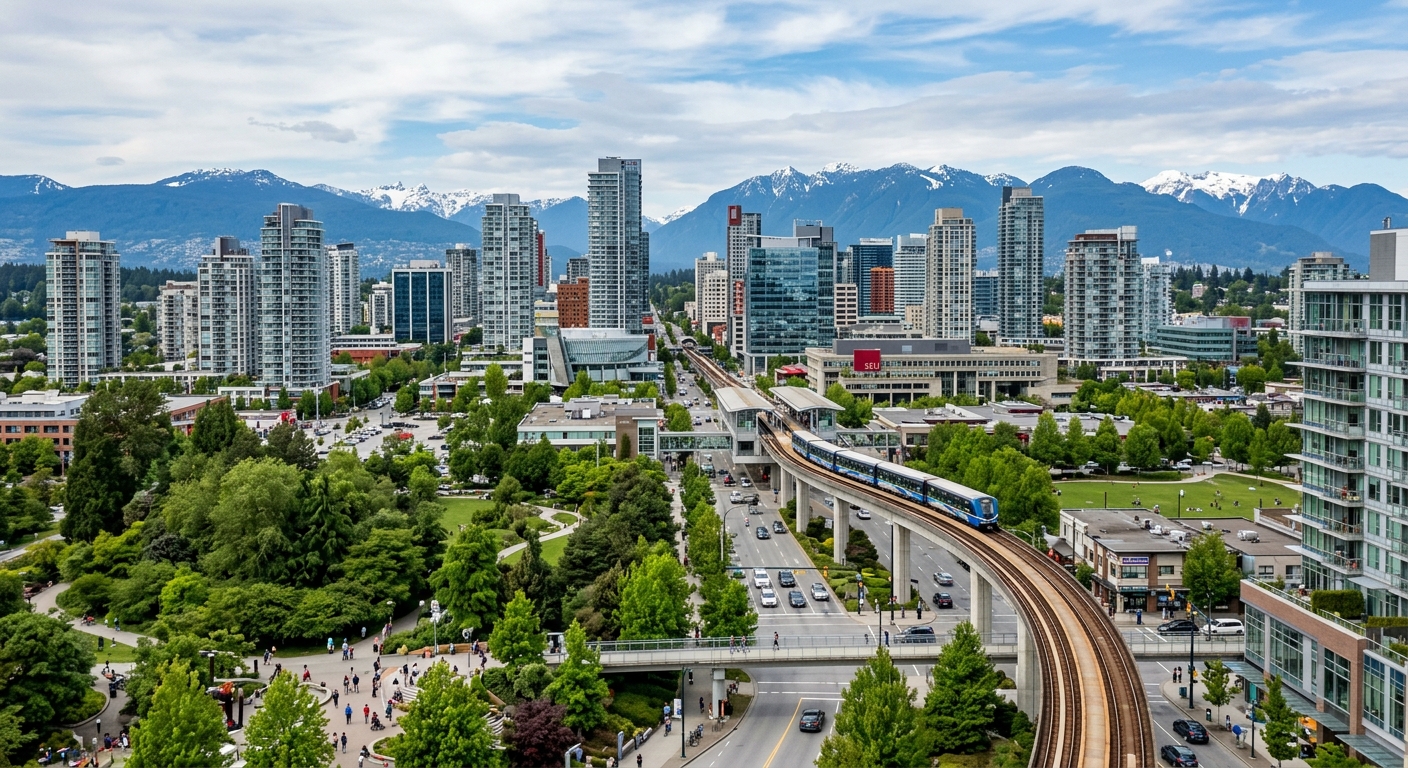 Surrey British Columbia cityscape, modern urban skyline with residential towers, green parks, Coast Mountains in background, SkyTrain transit line visible, vibrant multicultural city atmosphere