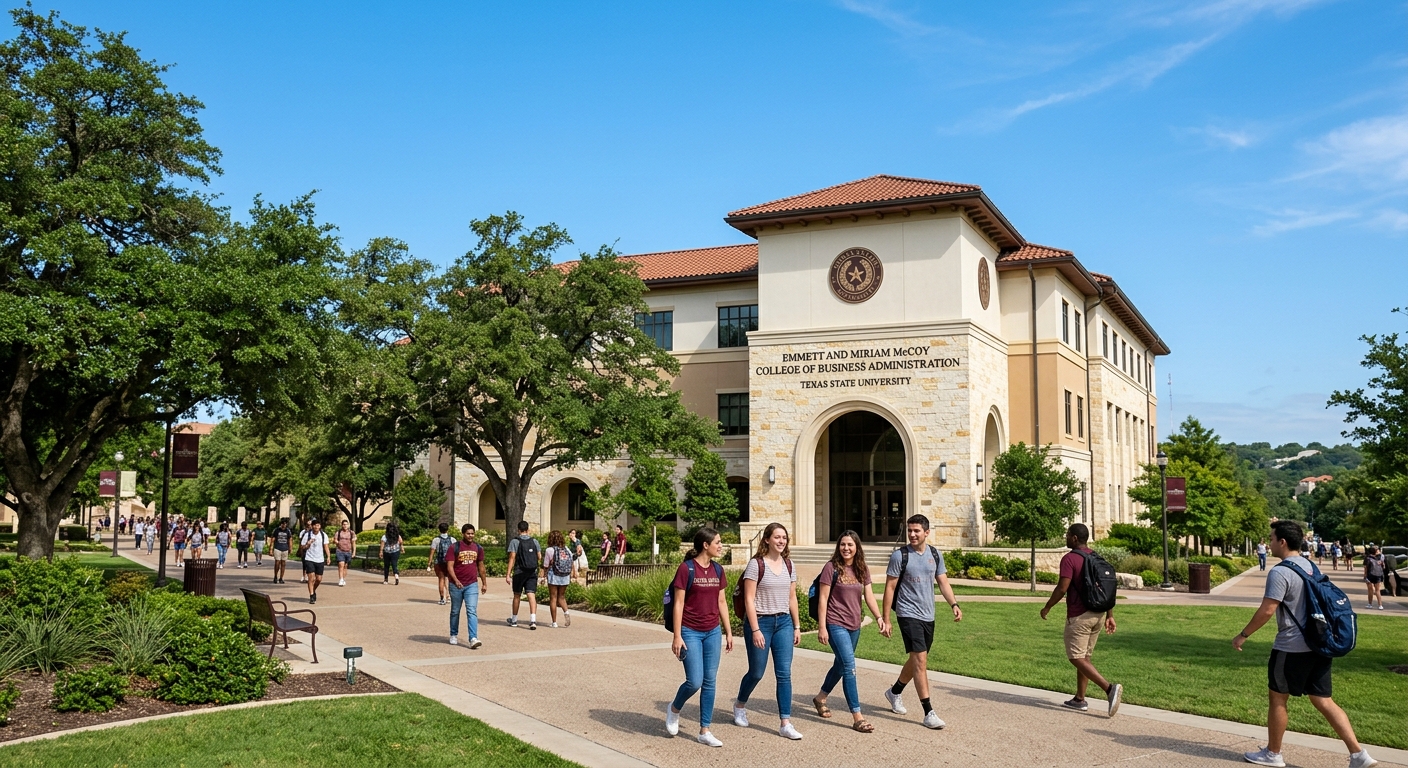 Texas State University McCoy College of Business building exterior with limestone architecture, students walking on tree-lined campus paths in San Marcos Texas, clear blue sky and green landscaping