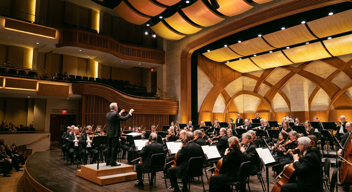 Elegant concert hall interior at Oklahoma City University Wanda L. Bass School of Music, conductor on podium leading an orchestra, warm stage lighting, music stands and instruments visible, modern acoustic architecture