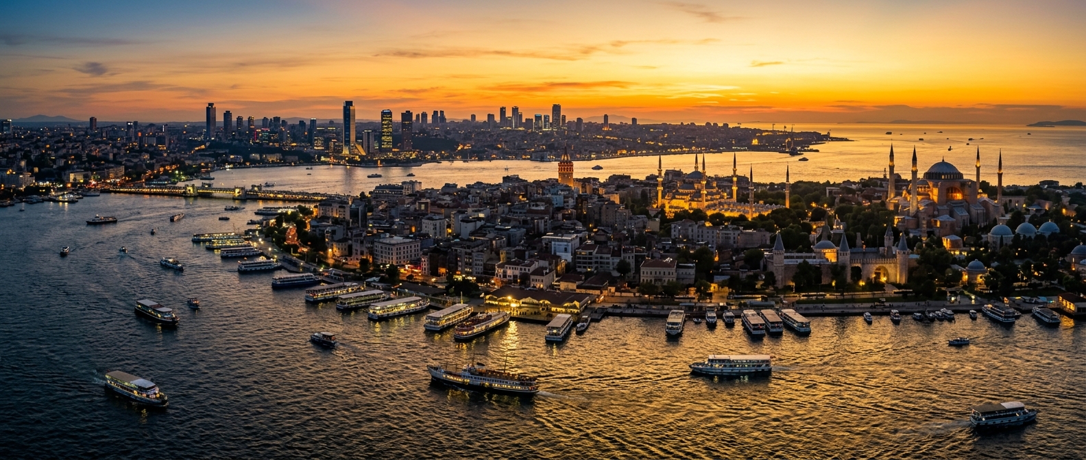 Panoramic view of Istanbul skyline at sunset, Bosphorus strait with ferries, historic mosques and minarets, modern skyscrapers in background, warm golden light reflecting on water