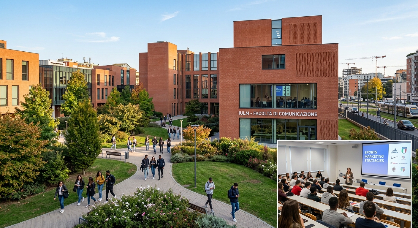 Modern IULM University campus in Milan, Italy with red brick architecture, students walking through landscaped gardens, sports marketing lecture visible through large windows, vibrant urban setting