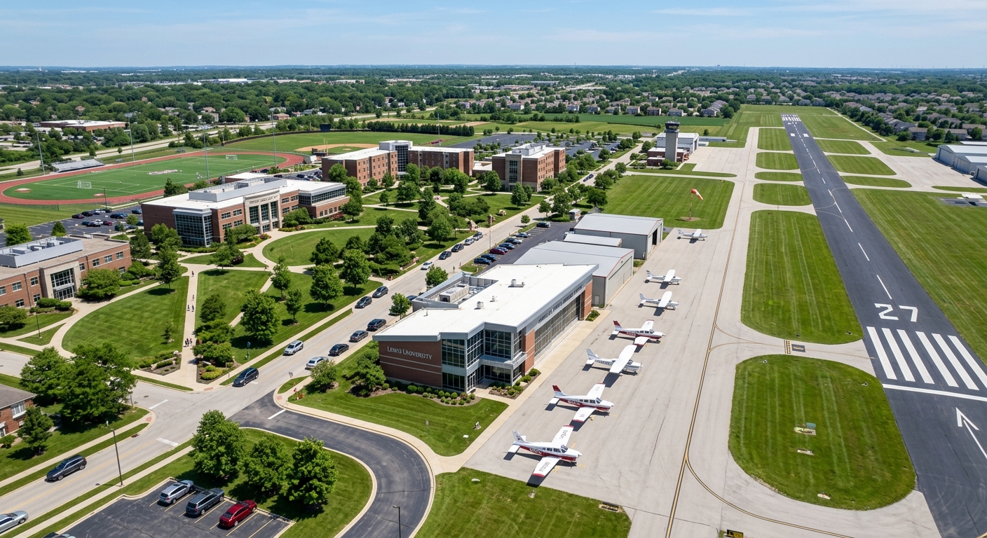 Lewis University campus in Romeoville Illinois with on-site airport runway visible, small training aircraft parked near the Harold A. White Aviation Center, green suburban campus with modern academic buildings under a clear blue sky