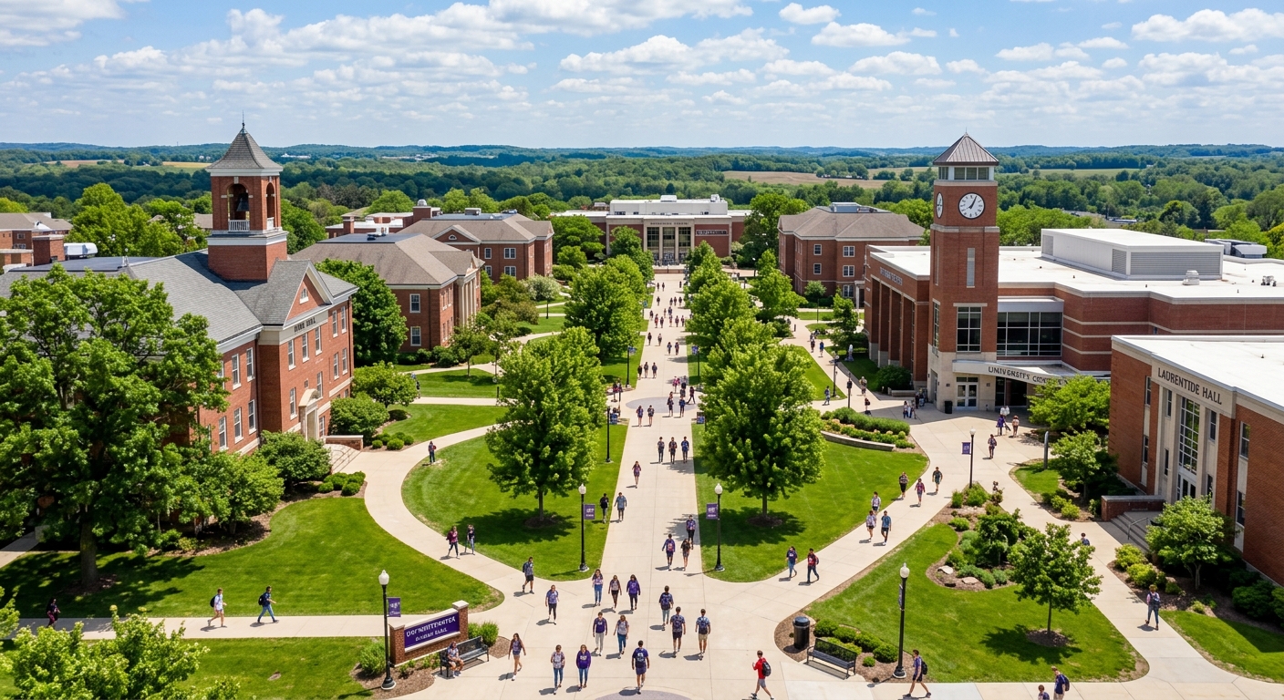 University of Wisconsin-Whitewater campus wide shot, red brick academic buildings surrounded by green lawns and mature trees, students walking on pathways, Wyman Mall in the center, southeastern Wisconsin landscape, bright sunny day
