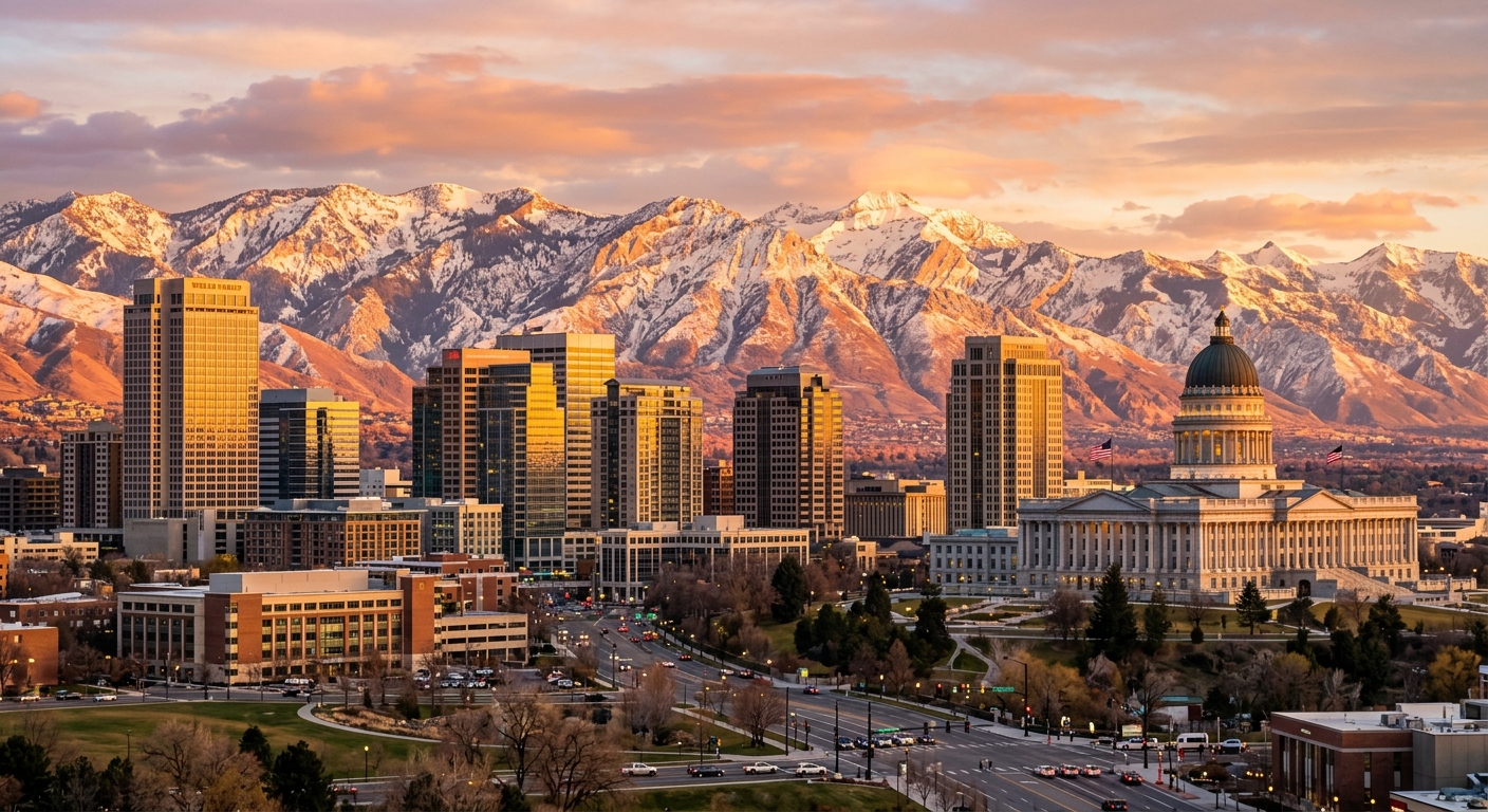Salt Lake City downtown skyline with modern glass buildings and the Utah State Capitol dome, snow-covered Wasatch Mountains rising behind the city, golden hour light casting warm tones across the valley