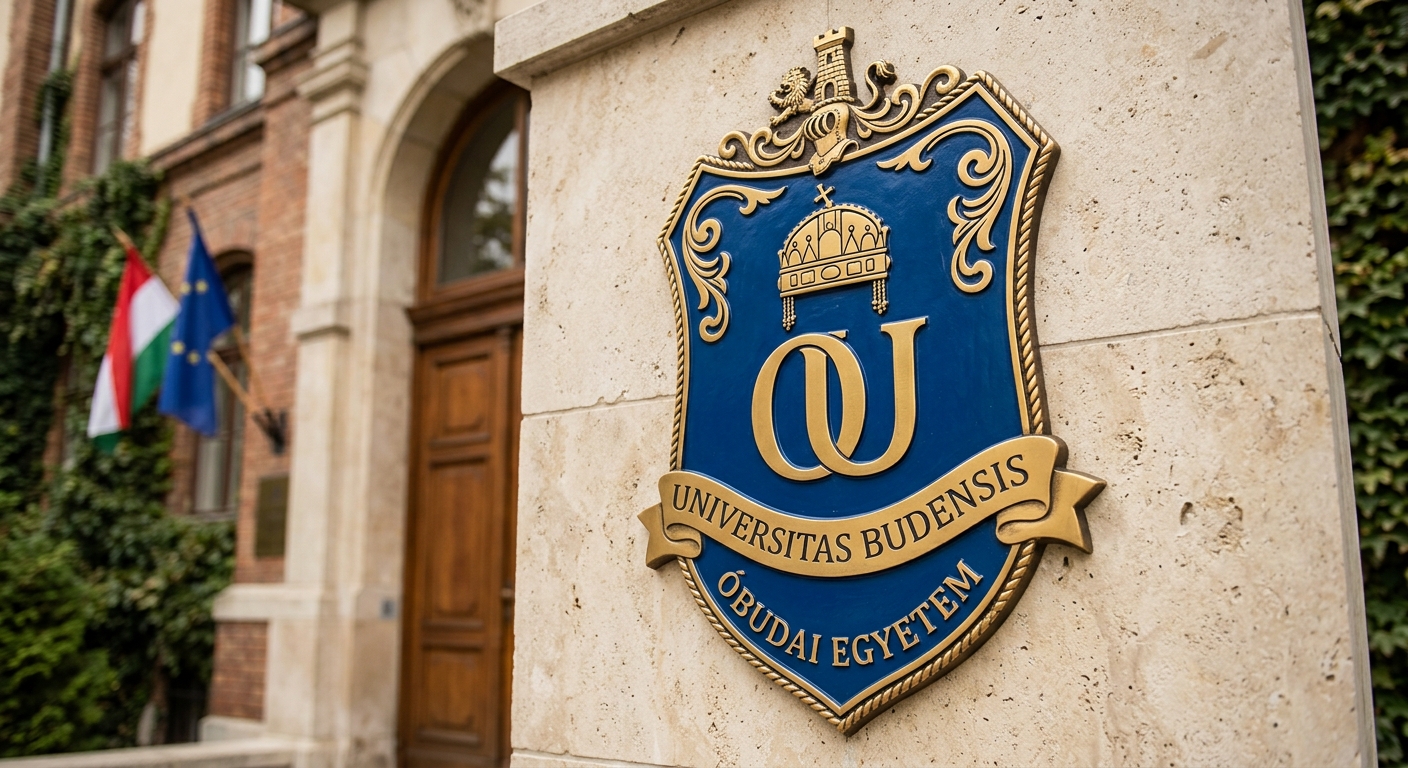 Obuda University official logo, shield-shaped emblem with blue and gold colors, featuring stylized OU monogram and Latin text Universitas Budensis