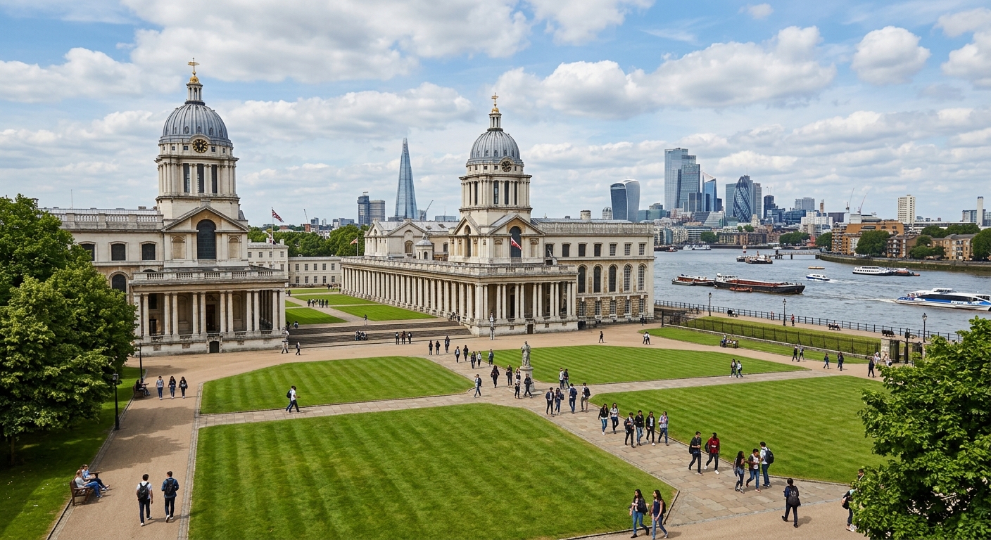 Historic Old Royal Naval College building at the University of Greenwich campus along the River Thames, baroque architecture with green lawns, students walking on pathways under blue sky, London skyline in background