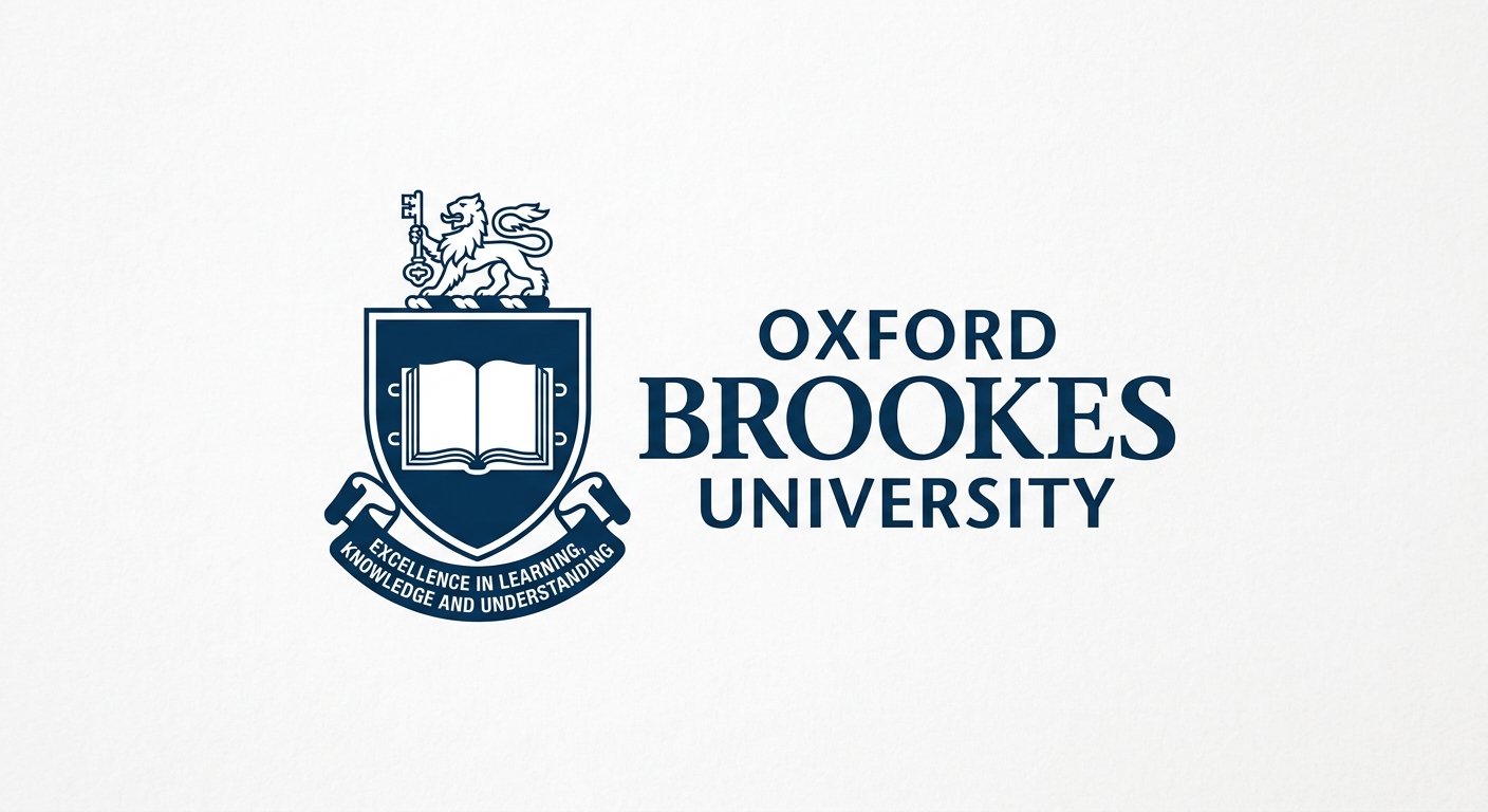 Oxford Brookes University official logo, shield emblem with open book motif, dark blue and white color scheme