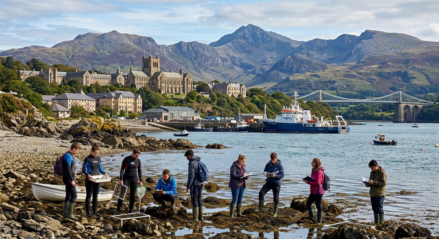 Bangor University campus nestled between Snowdonia mountains and the Menai Strait in North Wales, with coastal landscape, research vessels at the School of Ocean Sciences, and students conducting marine fieldwork on rocky shores