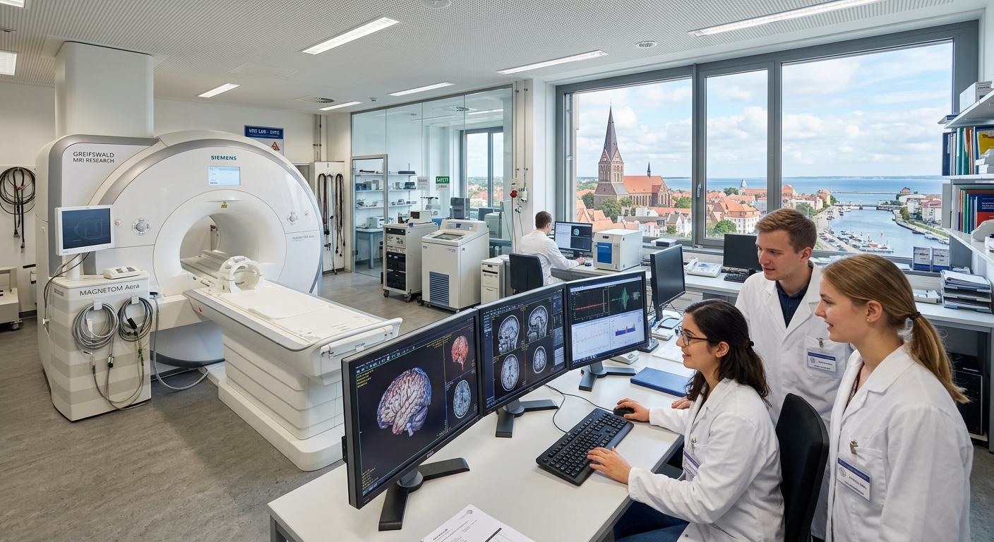 Modern physics laboratory at University of Greifswald with MRI scanner equipment, students analyzing medical imaging data on monitors, bright clinical environment with scientific instruments and Baltic Sea city visible through windows