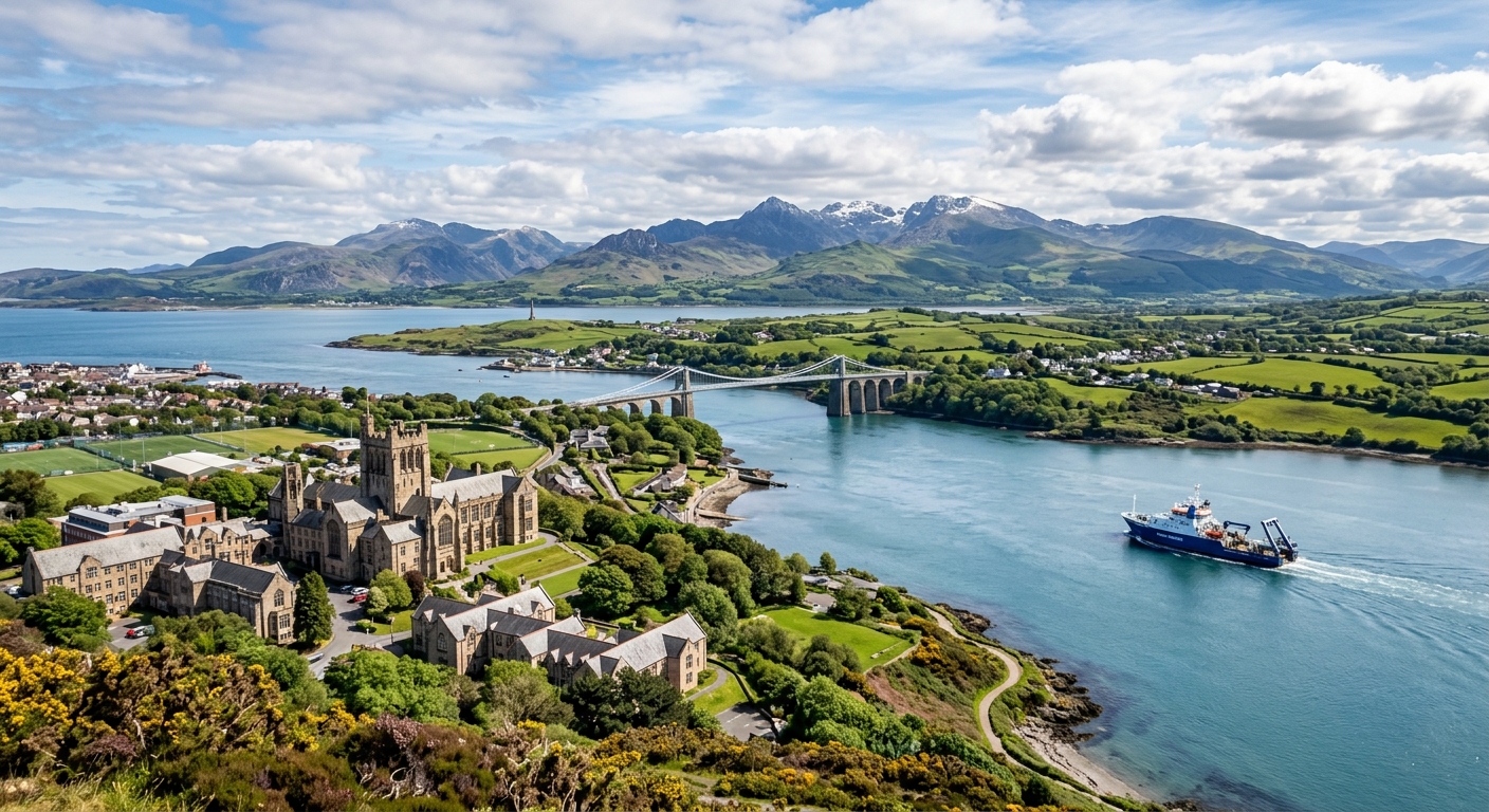 Dramatic coastal view of Bangor University campus with the Menai Strait and Anglesey coastline in the background, research vessel on calm waters, lush green hills and mountains of Snowdonia visible in the distance under a bright sky