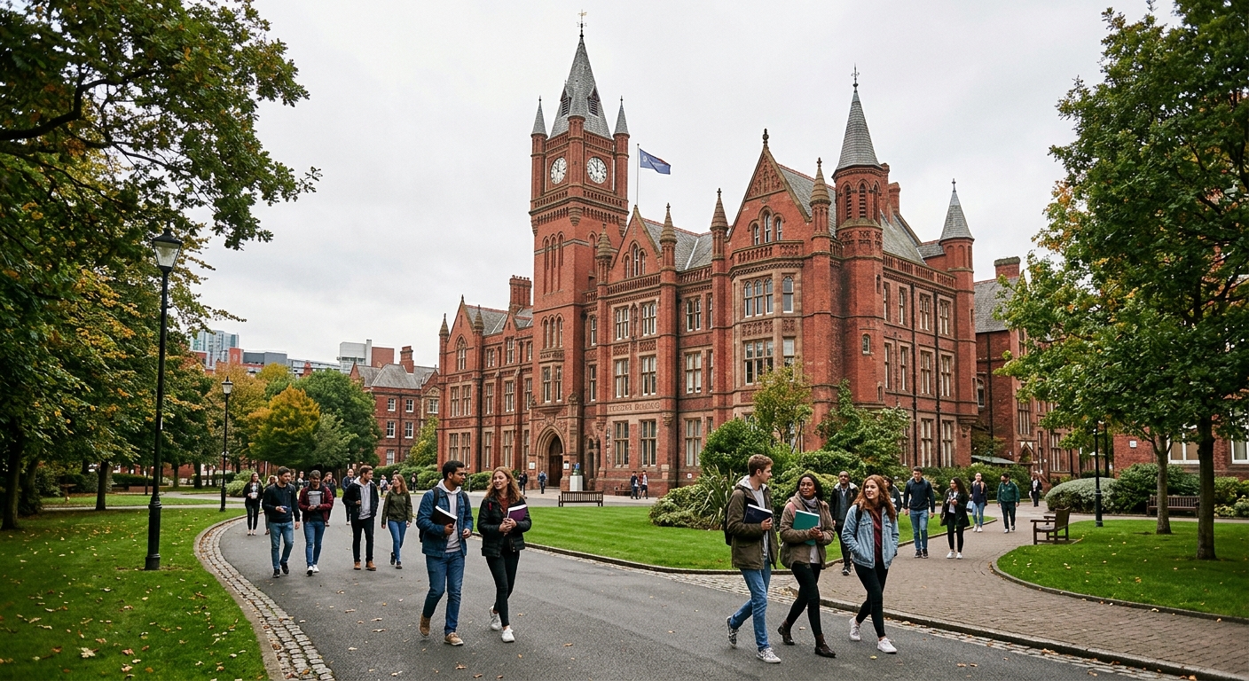 University of Liverpool iconic red brick Victoria Building with Gothic architecture, green campus grounds, students walking along tree-lined paths, overcast British sky, historic academic setting in Liverpool city centre