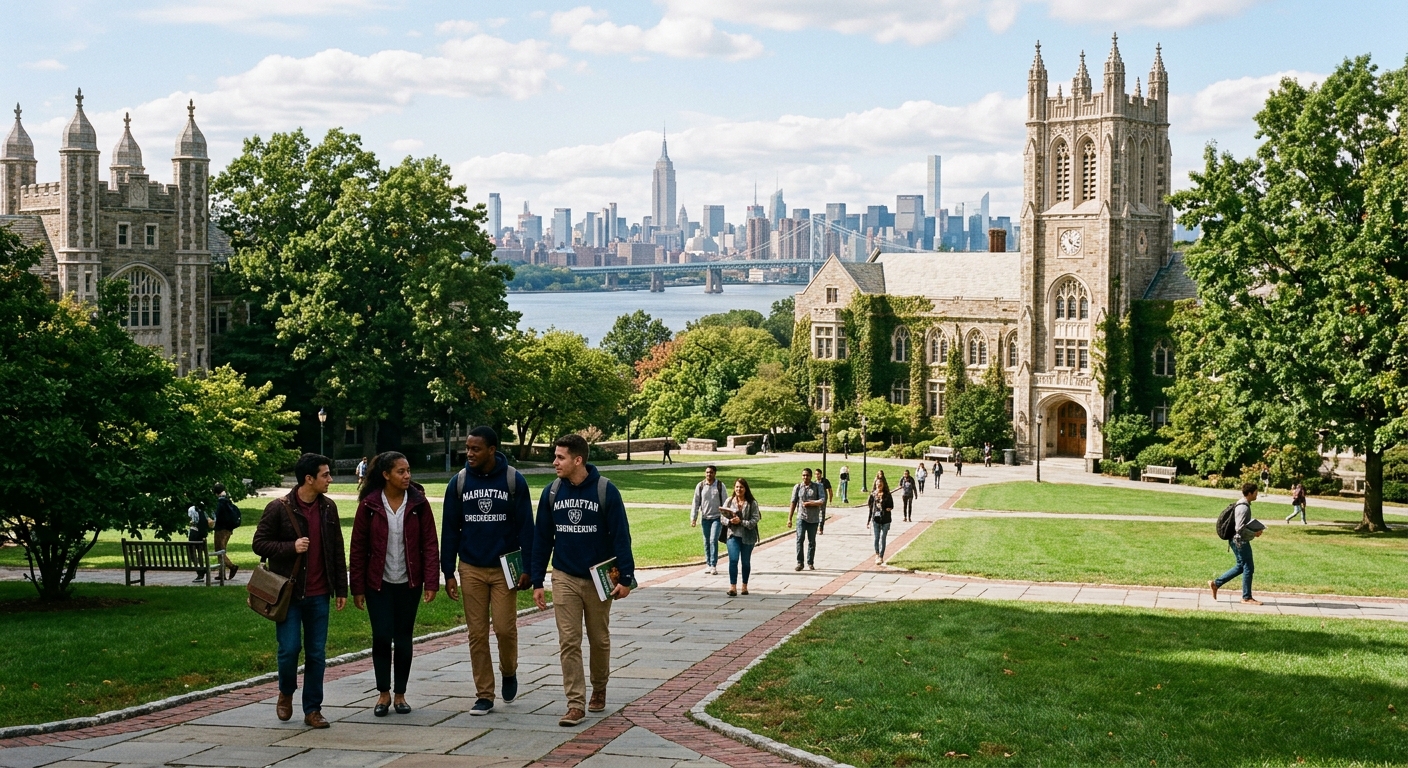 Manhattan University campus in Riverdale, Bronx, New York, featuring historic Gothic-style buildings surrounded by green trees, with the Hudson River and Manhattan skyline visible in the background, engineering students walking across a sunlit quad