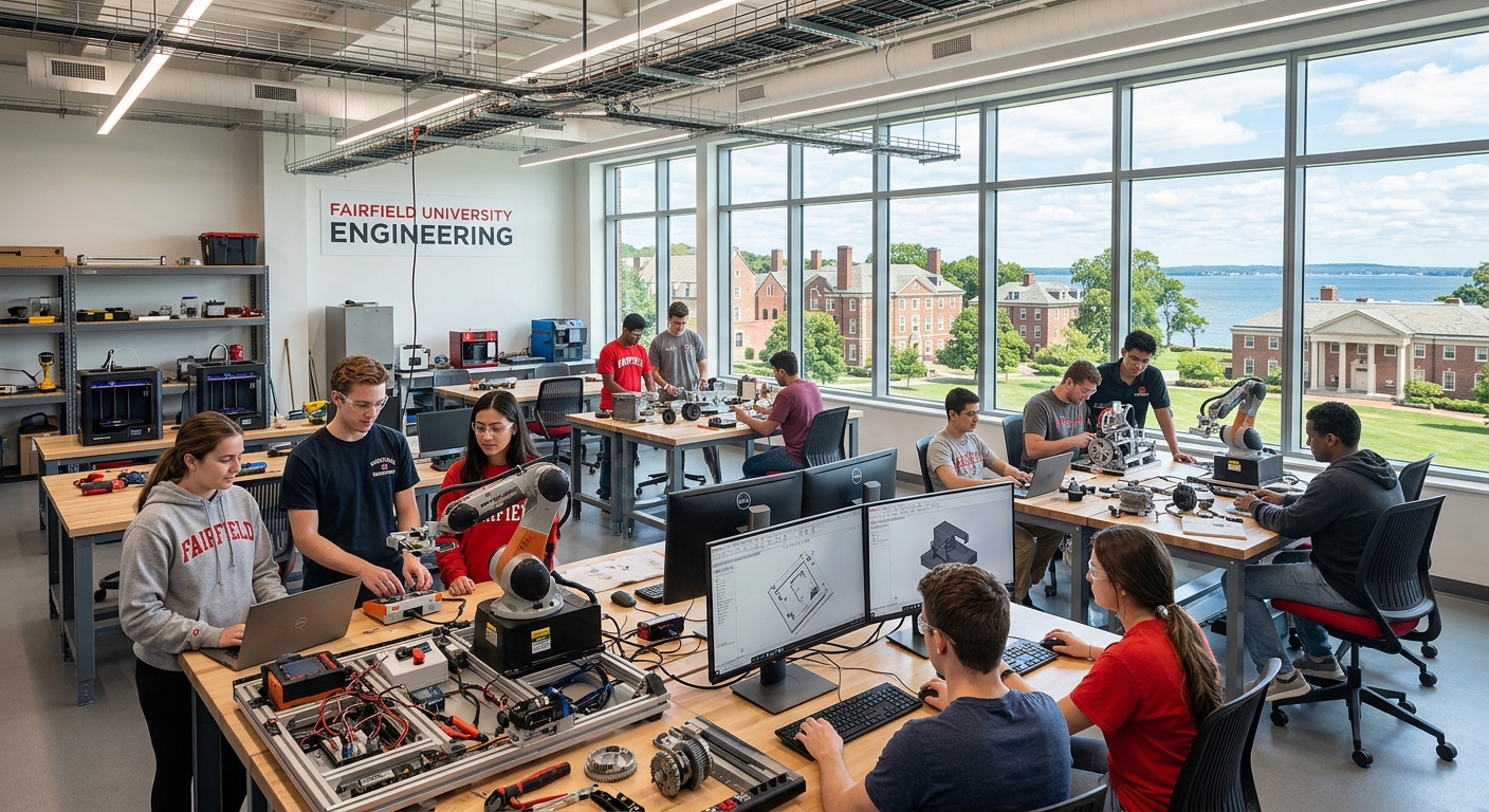 Modern engineering laboratory at Fairfield University with students working on mechanical systems, robotic arms, and computer-aided design stations, bright overhead lighting and coastal Connecticut campus visible through large windows
