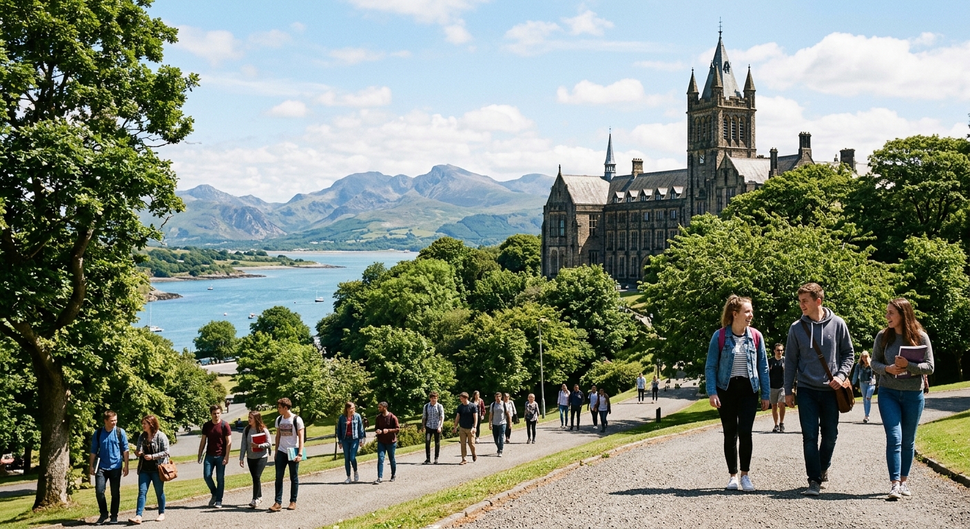 Bangor University historic campus buildings with Snowdonia mountains in the background, students walking along tree-lined pathways near the Menai Strait, North Wales coastal scenery with blue sky