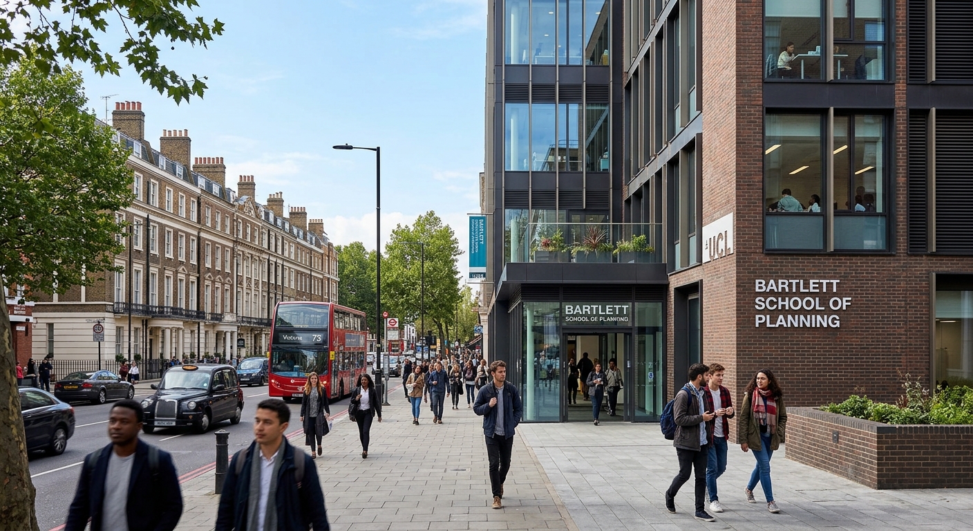 UCL Bartlett School of Planning building in Bloomsbury London, modern academic architecture with students walking outside, historic Georgian buildings in background, urban streetscape with trees and clear sky