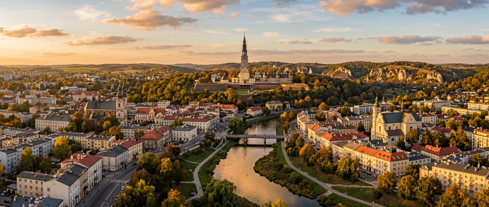 Panoramic view of Częstochowa city skyline with Jasna Góra Monastery and its tower visible in the background, Warta River flowing through the city, limestone hills of Kraków-Częstochowa Upland, warm afternoon light