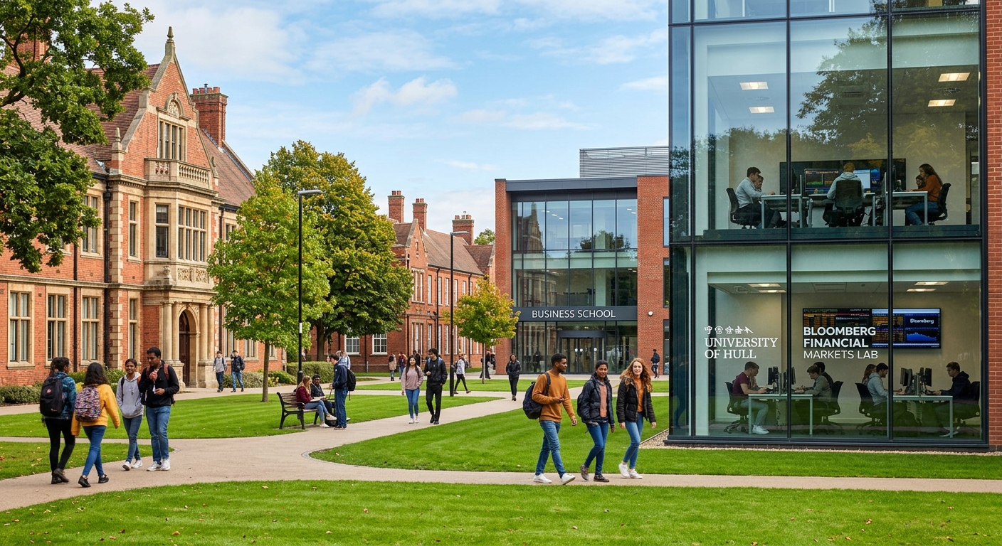 University of Hull campus with traditional red brick buildings and modern facilities, Bloomberg Financial Markets Laboratory visible through glass windows, students walking on green lawns under blue sky in Kingston upon Hull, England