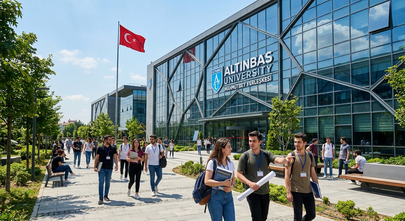 Modern Altinbas University Mahmutbey campus building in Istanbul with glass facade, engineering students walking on campus pathways, Turkish flag visible, bright sunny day