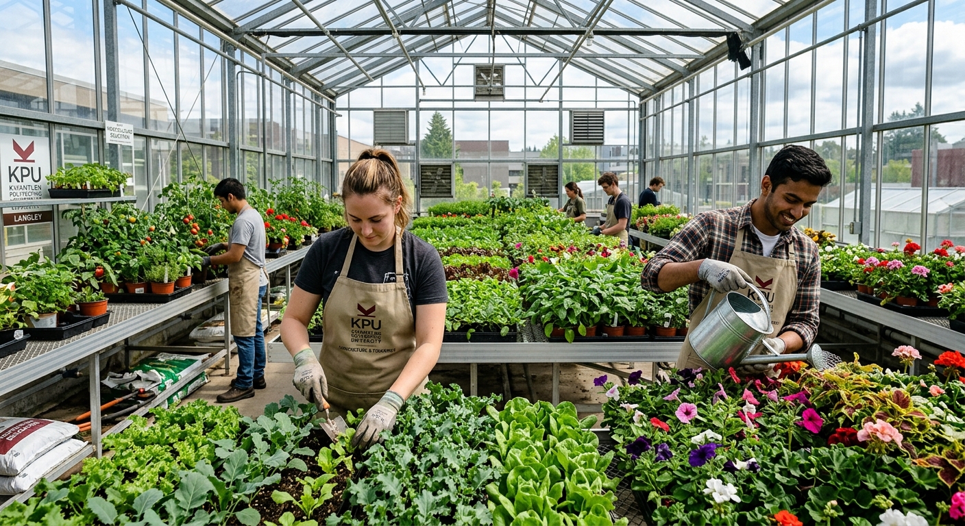 Students working in a lush greenhouse at Kwantlen Polytechnic University Langley campus, tending to rows of ornamental plants and vegetables under natural light, wearing gardening gloves and aprons