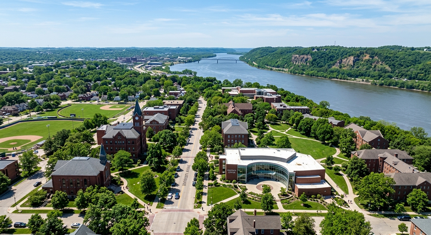 University of Dubuque campus aerial view showing historic brick buildings along University Avenue, green lawns, Heritage Center, and Mississippi River bluffs in the background under a clear blue sky