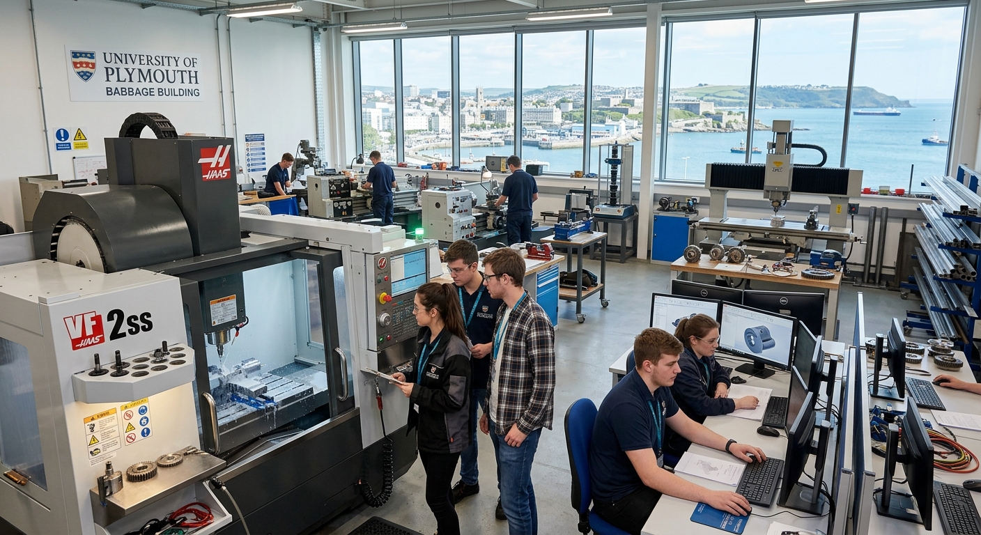 Modern engineering laboratory at University of Plymouth Babbage Building, students working with CNC machines and CAD systems, bright industrial workshop setting with mechanical components and testing equipment, coastal Plymouth cityscape visible through windows