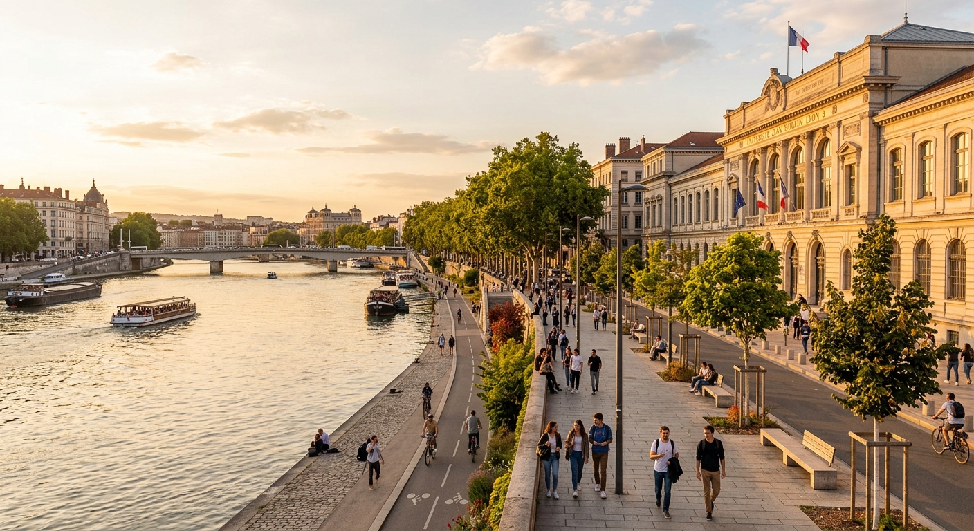 Historic riverside campus of Jean Moulin Lyon 3 University along the Rhône river in Lyon, France, with classical stone architecture, students walking along tree-lined quays, warm golden hour light