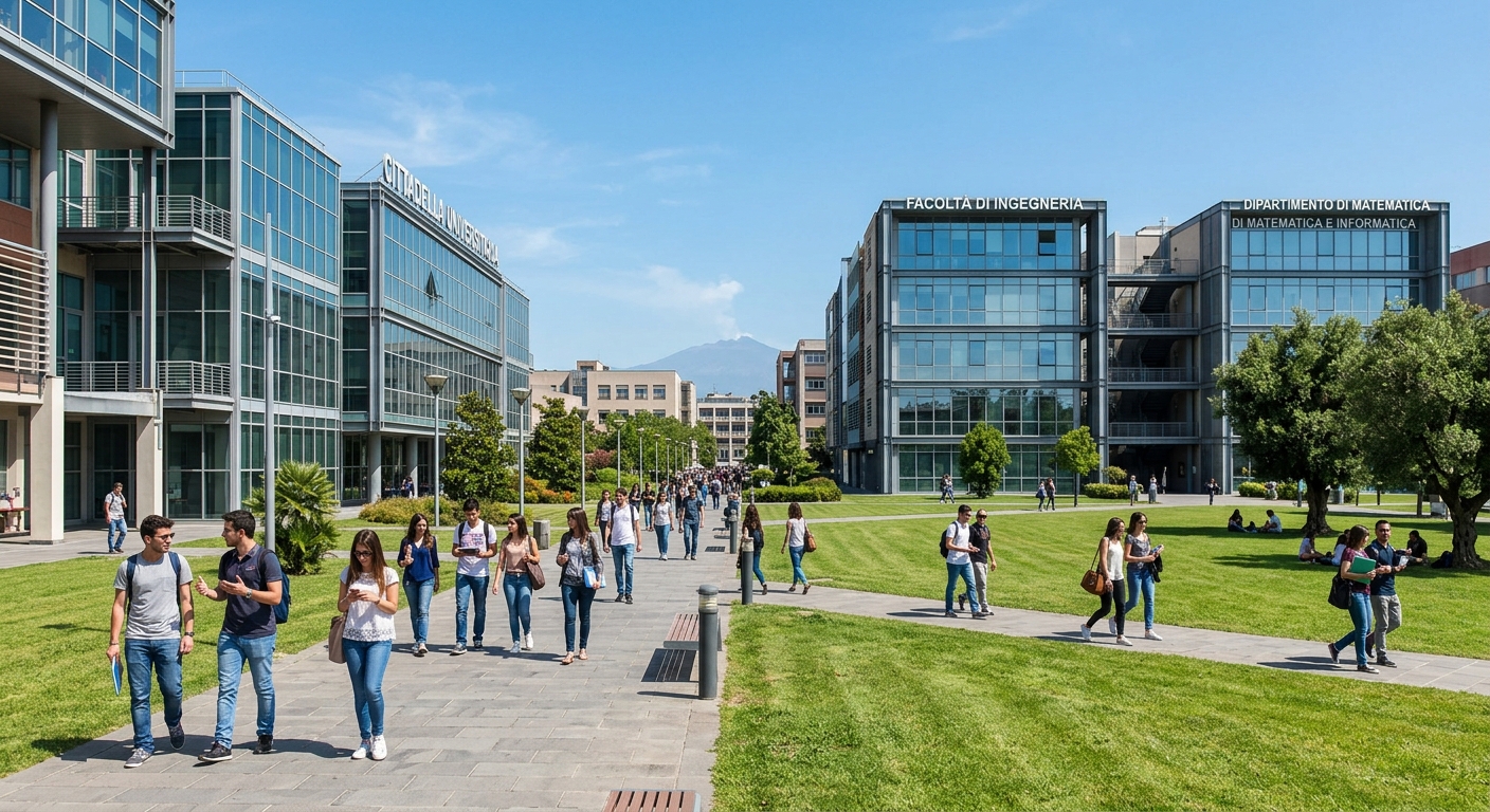 La Cittadella Universitaria modern campus buildings in Catania, contemporary architecture with glass and steel, green lawns, students walking between departments, clear blue sky