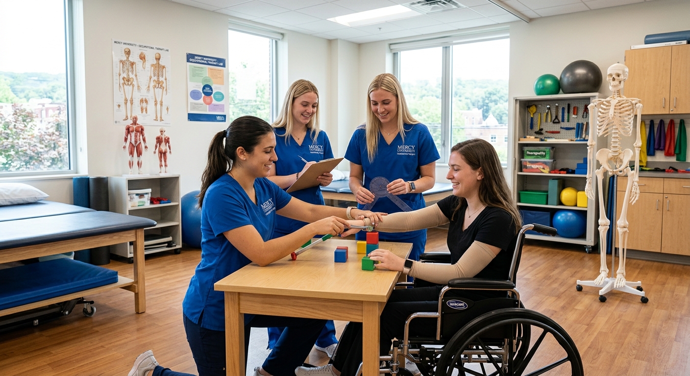 Mercy University campus in Dobbs Ferry New York, occupational therapy students practicing clinical techniques in a modern simulation lab with anatomical models and therapy equipment, bright clinical lighting