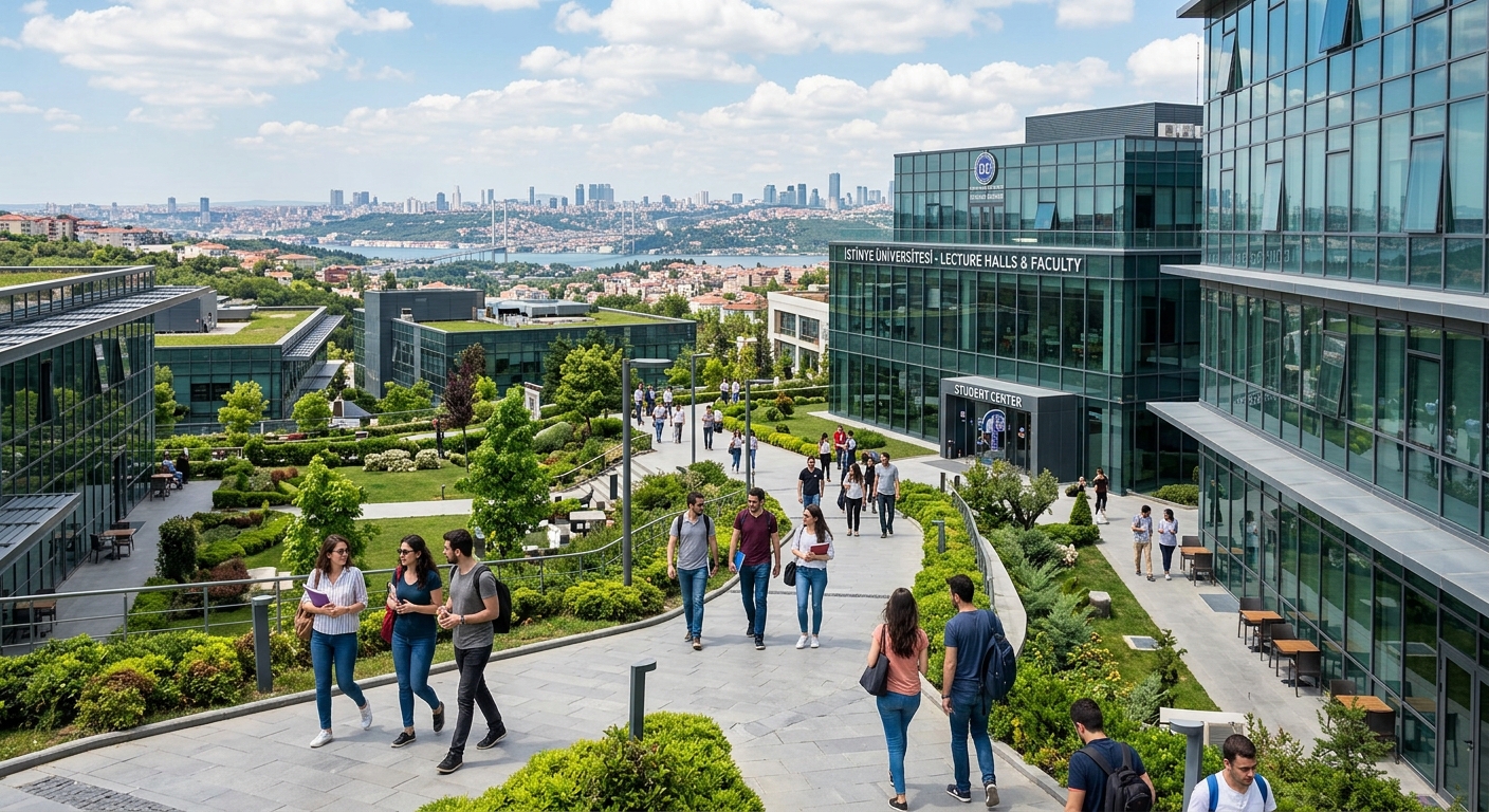 Modern Istinye University campus in Istanbul Turkey with glass-facade buildings, green courtyards, doctoral students walking between lecture halls, city skyline in background, bright daylight