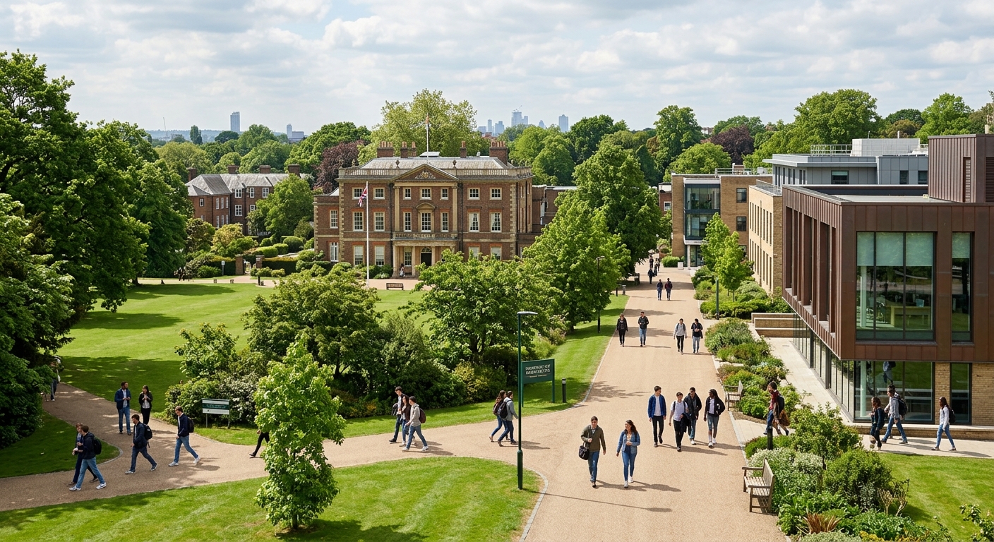 University of Roehampton parkland campus in south-west London with historic college buildings surrounded by green lawns and mature trees, students walking between modern and traditional architecture
