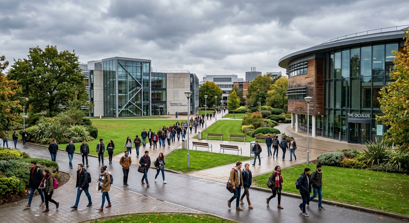 University of Warwick modern campus with contemporary architecture, green landscaped grounds, students walking between academic buildings, overcast English sky, Coventry England