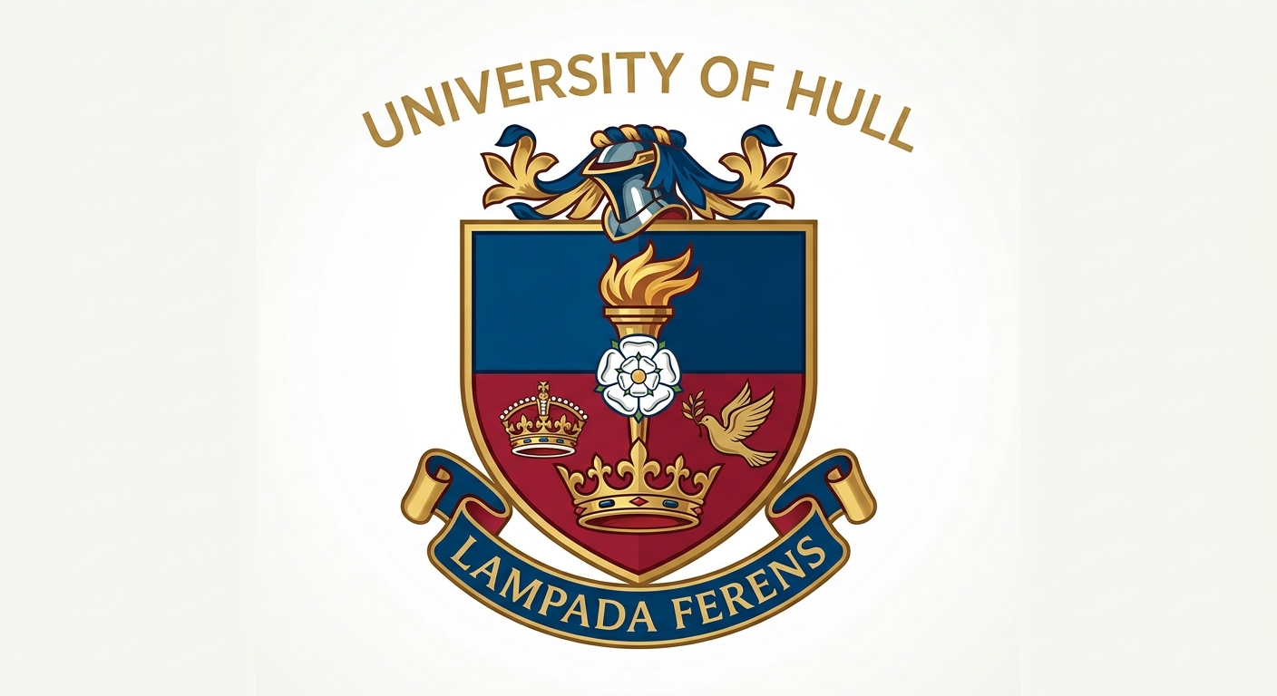 University of Hull official logo featuring a shield with torch, Yorkshire rose, ducal coronet, fleur-de-lys, and dove, with Lampada Ferens motto