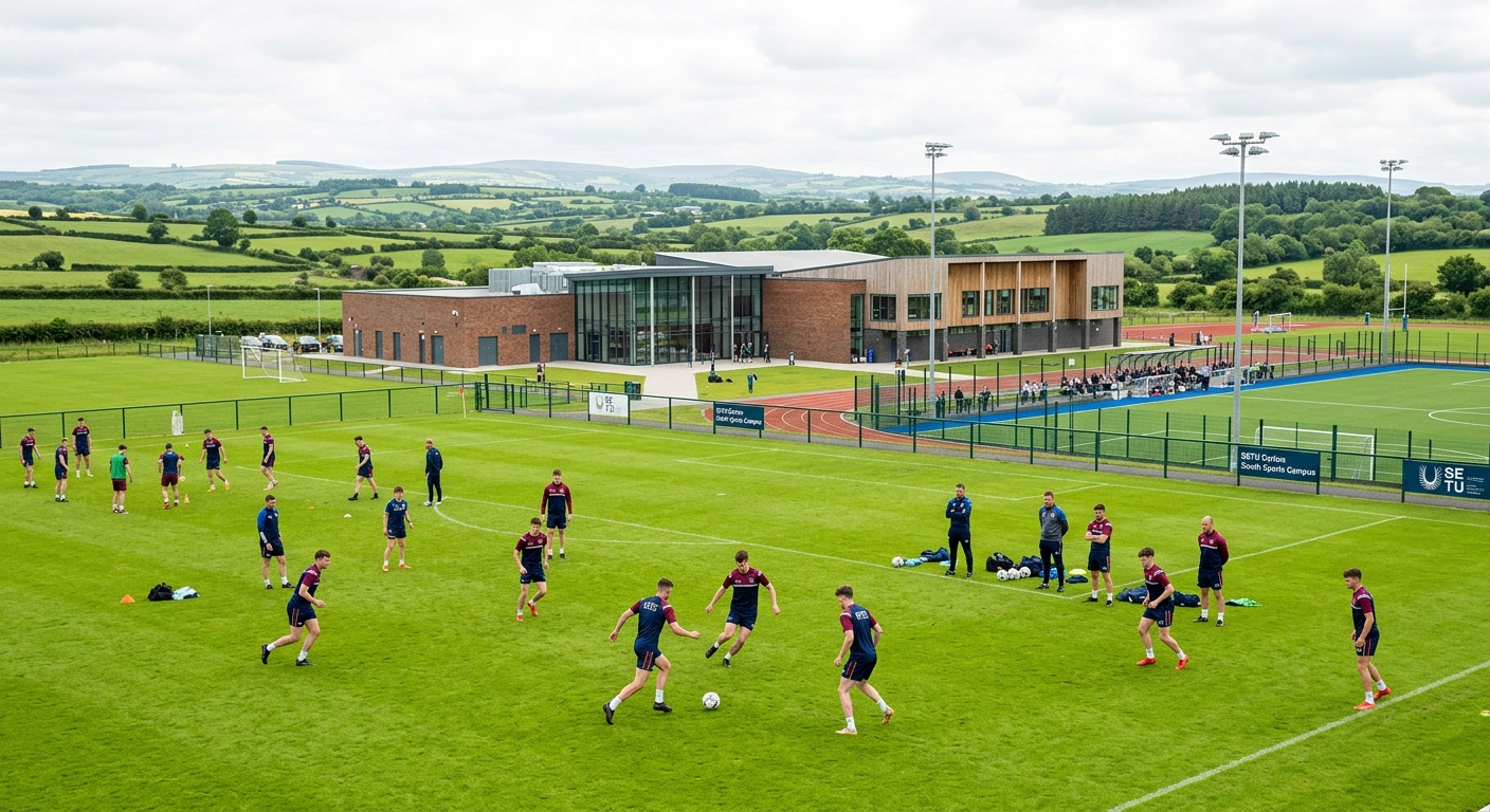 SETU Carlow campus South Sports Campus with green playing pitches, modern sports facilities, students in athletic gear training outdoors, Irish countryside in background, bright overcast sky