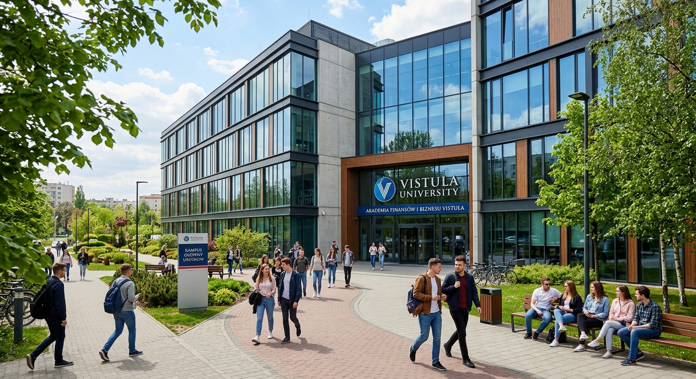 Vistula University main campus building exterior, modern architecture with large windows, students socializing outside, green trees and walkways, Ursynow district Warsaw
