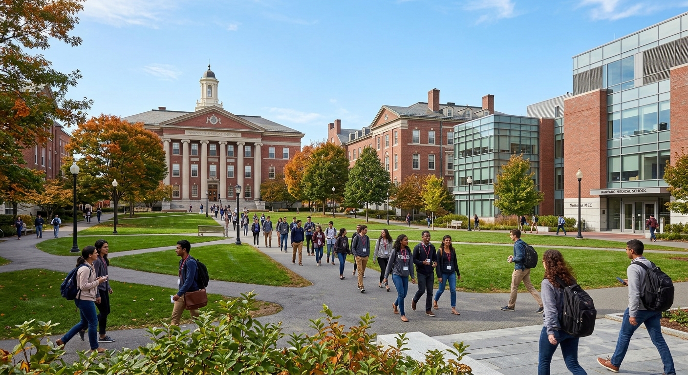 Harvard Medical School campus in Boston with historic red-brick buildings, green courtyard, students walking between modern laboratory facilities, clear blue sky, academic atmosphere
