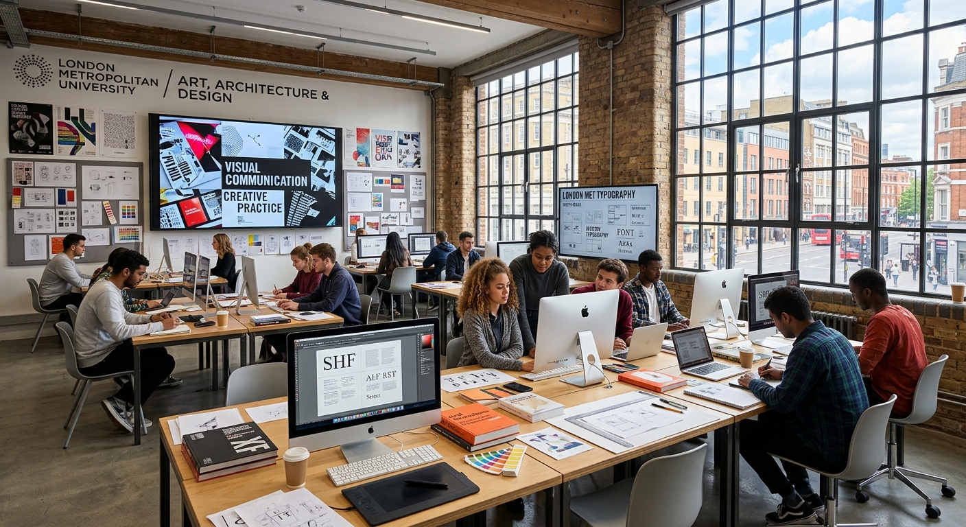 Modern graphic design studio at London Metropolitan University, students working on typography and visual communication projects, large screen displays showing design work, natural light streaming through industrial windows, creative workspace with design tools and materials