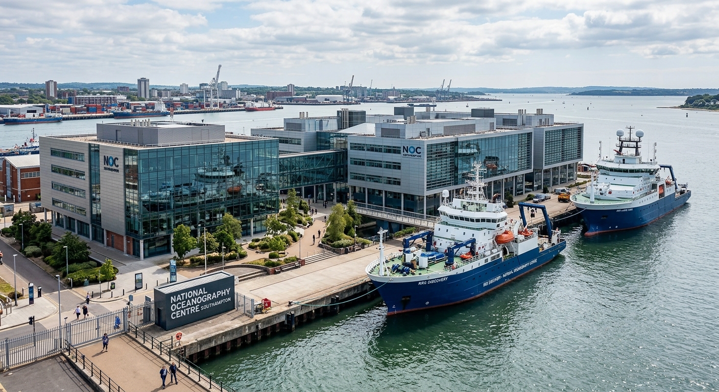 National Oceanography Centre Southampton, large modern research facility with glass facades, waterfront location with research vessels docked nearby