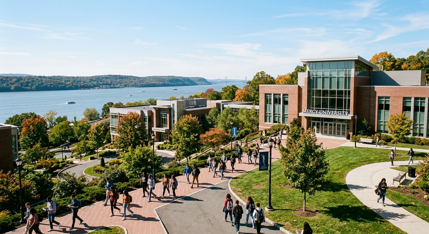 Mercy University campus in Dobbs Ferry, New York, with modern academic buildings surrounded by greenery along the Hudson River, students walking on pathways under clear skies