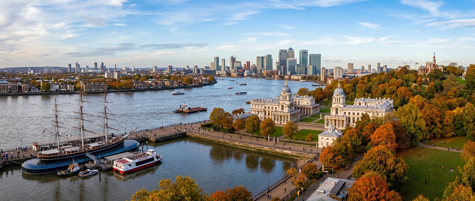 Panoramic view of Greenwich, London, showing the Cutty Sark clipper ship, the Old Royal Naval College domes, Greenwich Park with autumn trees, the River Thames with boats, and the Canary Wharf skyline in the distance