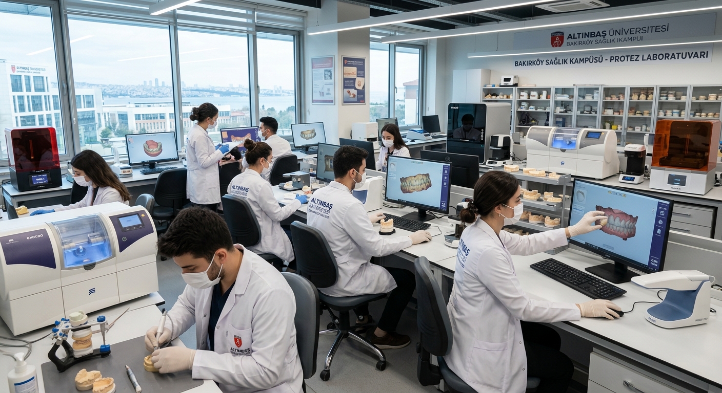 Modern dental prosthetics laboratory at Altinbas University Bakirkoy Health Campus in Istanbul, dental students working with CAD/CAM equipment and prosthetic models, bright clinical environment with advanced dental technology