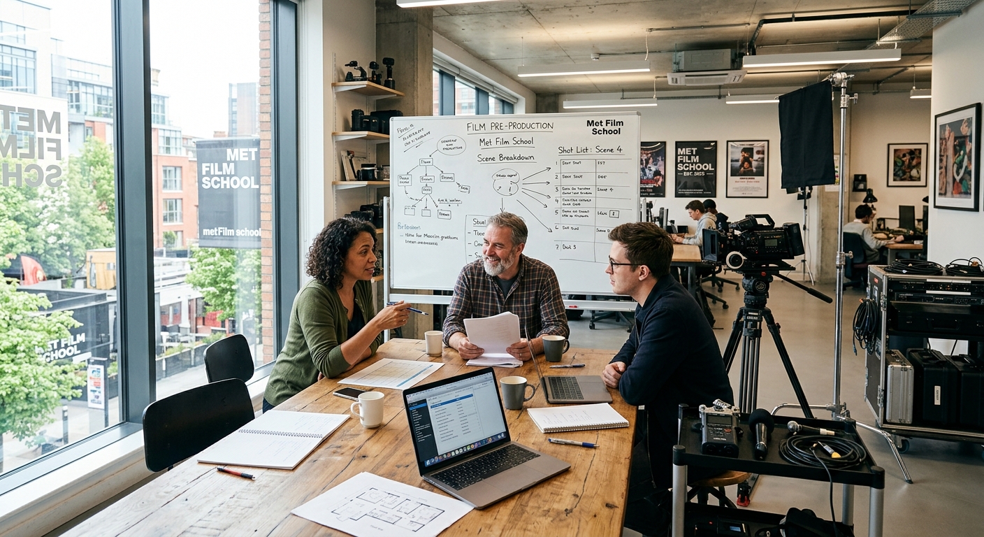 Modern creative arts classroom with educators collaborating around a table, film equipment and whiteboards visible, natural light streaming through large windows, Met Film School campus setting