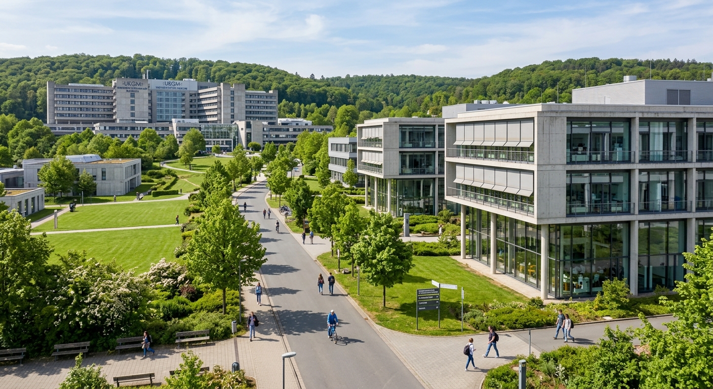 Modern Lahnberge campus of University of Marburg featuring large concrete and glass science buildings, green lawns, tree-lined pathways, University Hospital visible in background